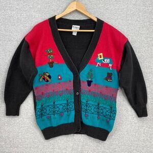 Vintage Koret Sport Sweater Womens Medium Multicolor Cardigan Embroidered 90s